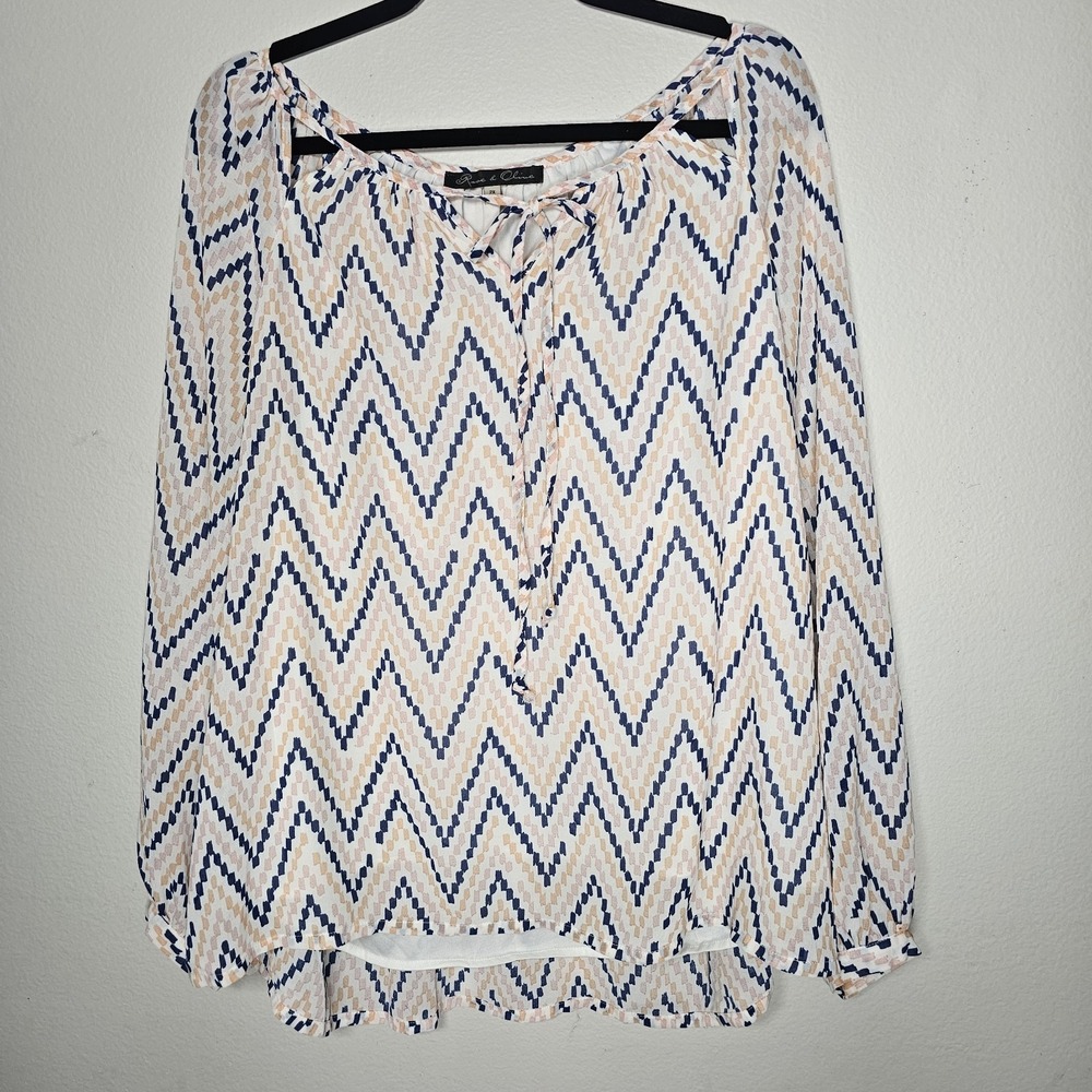 Rose & Olive Womens 2X Blue Pink Peasant Blouse Lined Top Neck Tie Casual Ladies